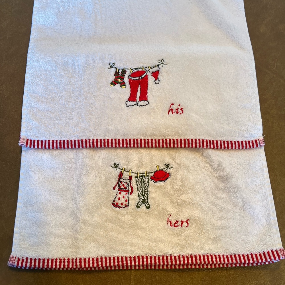 His and Hers White Hand Towels with Christmas Themed Embroidery New without tags - Picture 2 of 8